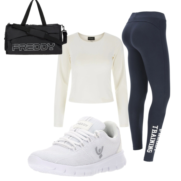 Outfit donna - Sporting. Stile Sporty chic per Sport. Abbinamento con borse sportive, sneakers, t-shirt, leggings.
