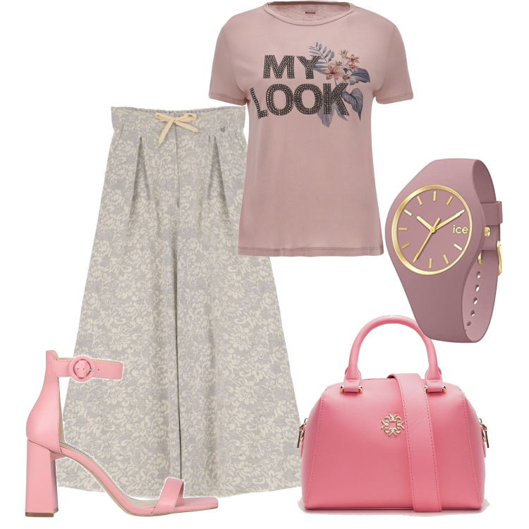 Outfit donna - Rosa a maggio. Stile Romantica per Tutti i giorni. Abbinamento con sandali col tacco, borse a mano, t-shirt, pantaloni a palazzo, orologi.