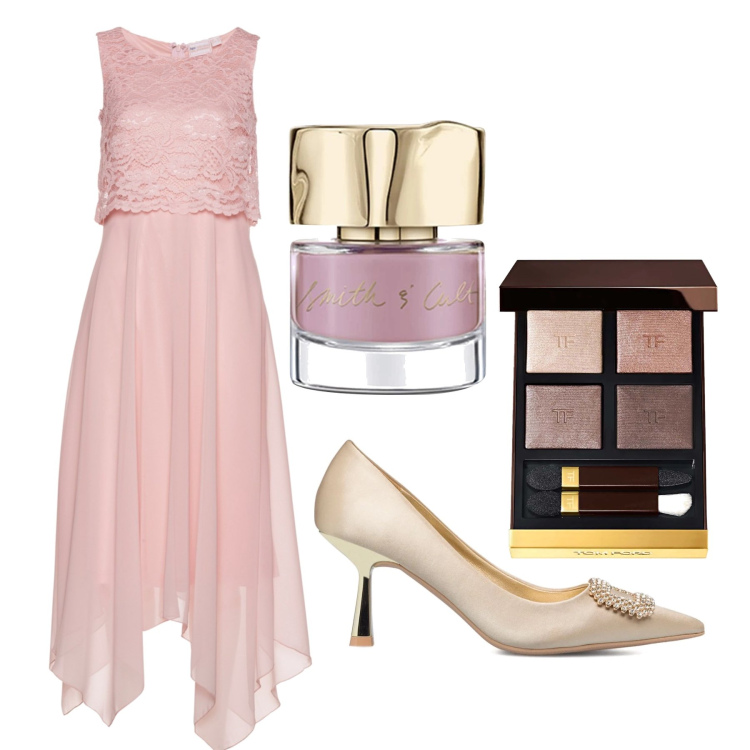 Outfit donna - Cerimonia in rosa. per Cerimonia. Abbinamento con vestiti midi/longuette, décolleté, smalti, ombretti.