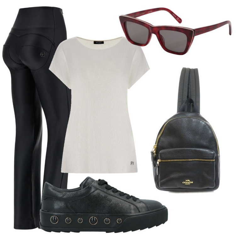 Outfit donna - Mamma sempre di fretta. Stile Basic per Tutti i giorni. Abbinamento con sneakers, zaini, occhiali da sole, pantaloni, t-shirt.
