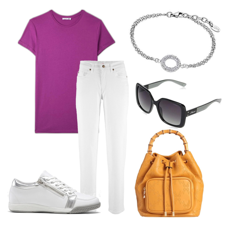 Outfit donna - Total look #1607023. Stile Basic per Tutti i giorni. Abbinamento con jeans mom, sneakers, borse a mano, t-shirt, braccialetti, occhiali da sole.