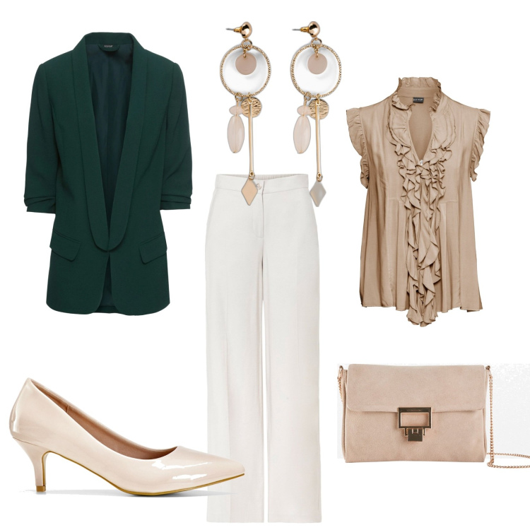 Outfit donna - Total look #1607029. Stile Casual chic per Cerimonia. Abbinamento con blazer, orecchini, maglieria, pantaloni a palazzo, décolleté, pochette.
