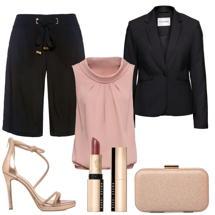Outfit donna - Low Cost che fa figura. Stile Chic per Cerimonia. Abbinamento con top, blazer, bermuda, sandali gioiello, clutch, rossetti.