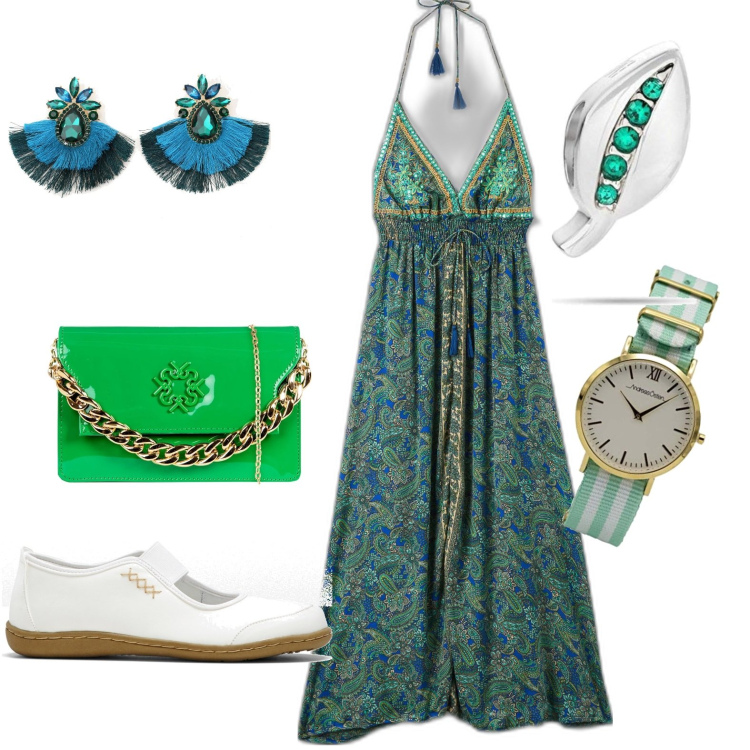 Outfit donna - Total look #1607091. Stile Bon Ton per Tutti i giorni. Abbinamento con ballerine, vestiti lunghi, pochette, orecchini, ciondoli, orologi analogici.