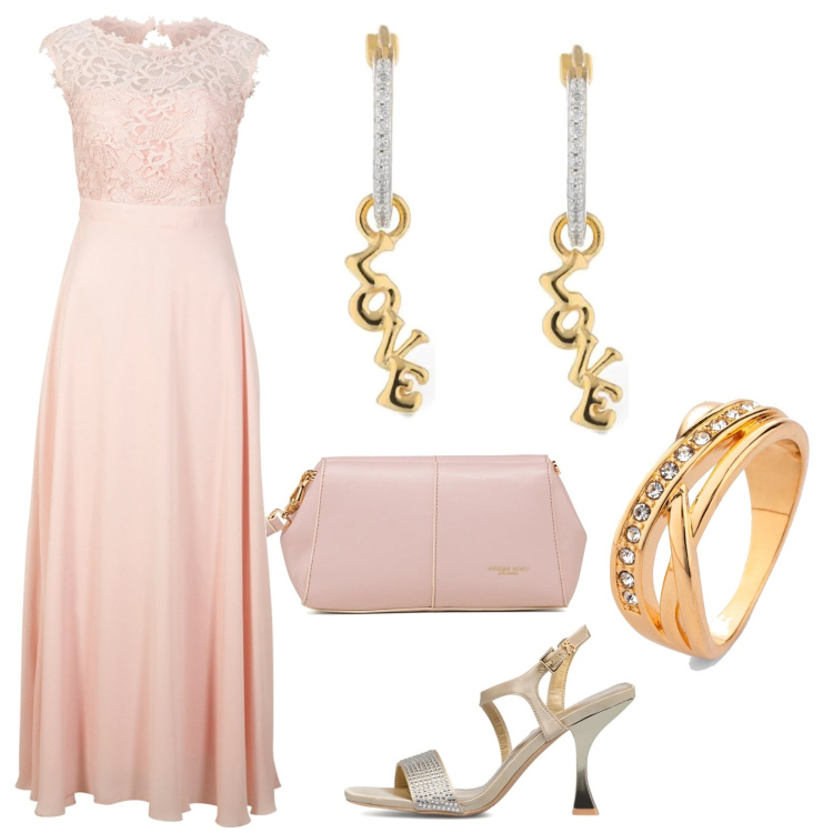 Outfit donna - Damigella in rosa per le nozze estive. Stile Chic per Cerimonia. Abbinamento con vestiti lunghi, anelli, sandali gioiello, clutch, orecchini.