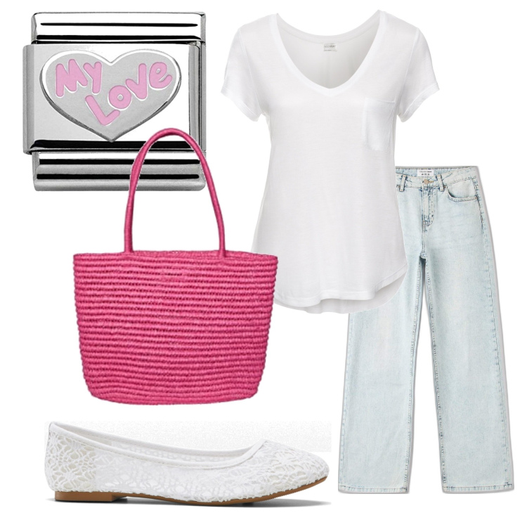 Outfit donna - Total look #1607210. Stile Casual per Tutti i giorni. Abbinamento con t-shirt, ballerine, jeans, ciondoli, borse sportive.