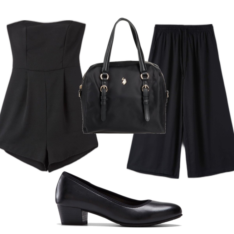 Outfit donna - Total look #1607290. Stile Trendy per Tutti i giorni. Abbinamento con décolleté, borse a mano, pantaloni a palazzo, tuta corta.