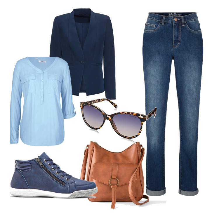 Outfit donna - Comoda e informale. Stile Casual per Tutti i giorni. Abbinamento con sneakers alte, blazer, borse a tracolla, jeans dritti, bluse, occhiali da sole.
