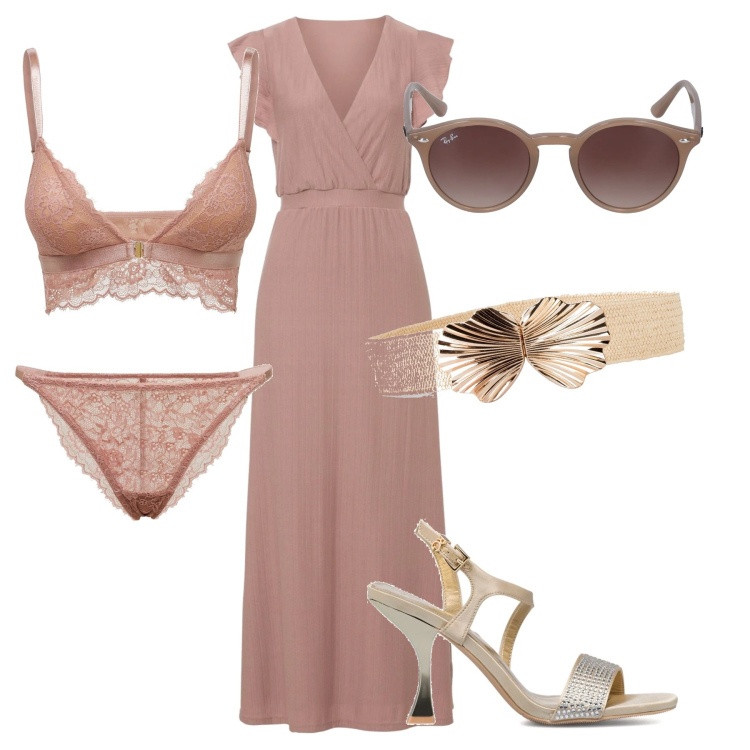 Outfit donna - Total look #1607355. Stile Chic per Cerimonia. Abbinamento con cinture, vestiti lunghi, sandali gioiello, bralette, occhiali da sole, slip.