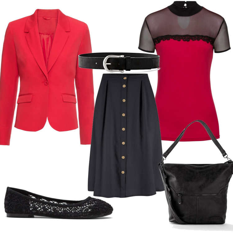 Outfit donna - Total look #1607386. Stile Casual chic per Cerimonia. Abbinamento con gonne longuette, ballerine, cinture, maglieria, blazer, borse a tracolla.