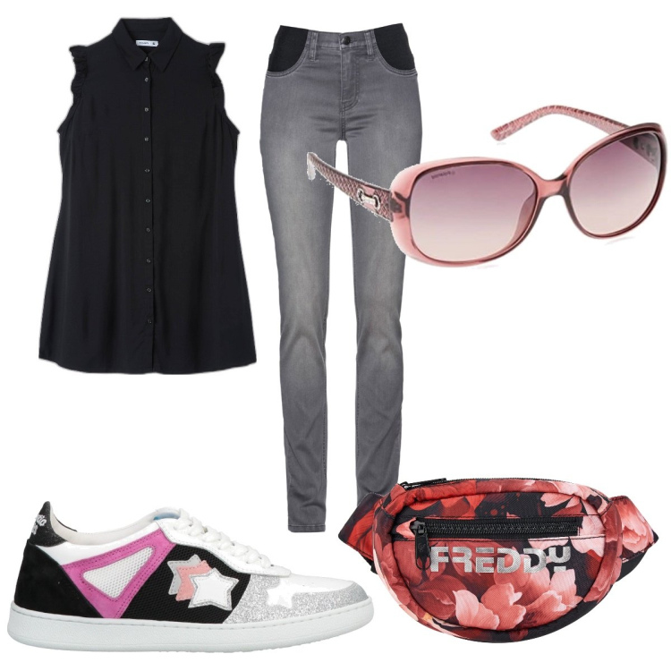 Outfit donna - Total look #1607416. Stile Basic per Tutti i giorni. Abbinamento con jeans, sneakers, camicie, marsupi, occhiali da sole.
