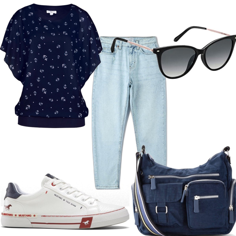 Outfit donna - Total look #1607437. Stile Basic per Scuola/Università. Abbinamento con bluse, borse a tracolla, sneakers, jeans mom, occhiali da sole.