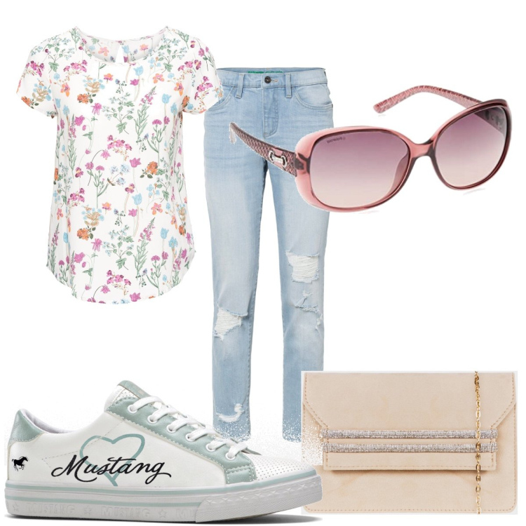 Outfit donna - Total look #1607439. Stile Basic per Tutti i giorni. Abbinamento con bluse, sneakers, jeans mom, pochette, occhiali da sole.