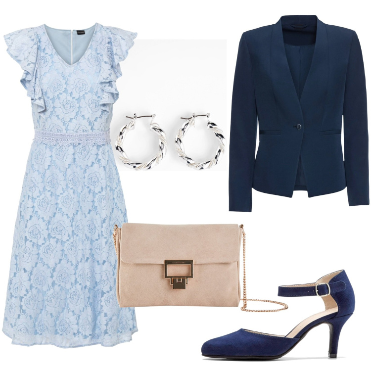 Outfit donna - Un outfit per una cerimonia. Stile Chic per Cerimonia. Abbinamento con blazer, décolleté, orecchini, vestiti, pochette.