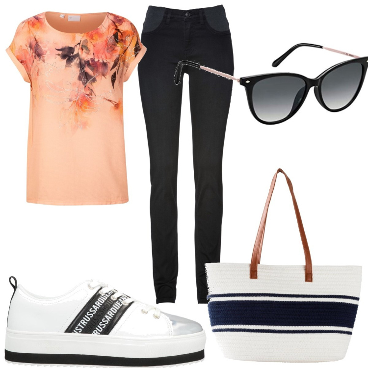 Outfit donna - Total look #1607451. Stile Basic per Tutti i giorni. Abbinamento con jeans skinny, bluse, shopping bag, sneakers, occhiali da sole.