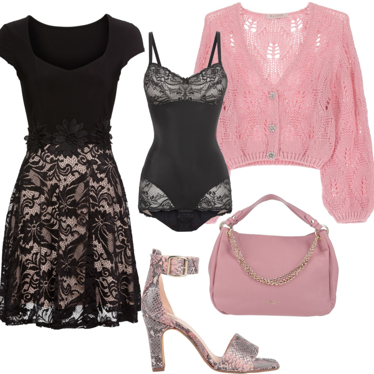Outfit donna - Romantic in pink. Stile Romantica per Serata fuori. Abbinamento con body, vestiti corti, sandali in pelle, borse a mano, cardigans.