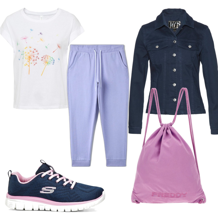 Outfit donna - Ora di camminata. Stile Urban per Sport. Abbinamento con t-shirt, sneakers, blazer, pantaloni, zaini.