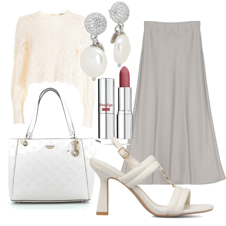 Outfit donna - Cerimonia di maggio. Stile Romantica per Cerimonia. Abbinamento con bluse, orecchini, gonne longuette, borse a tracolla, sandali col tacco, rossetti.