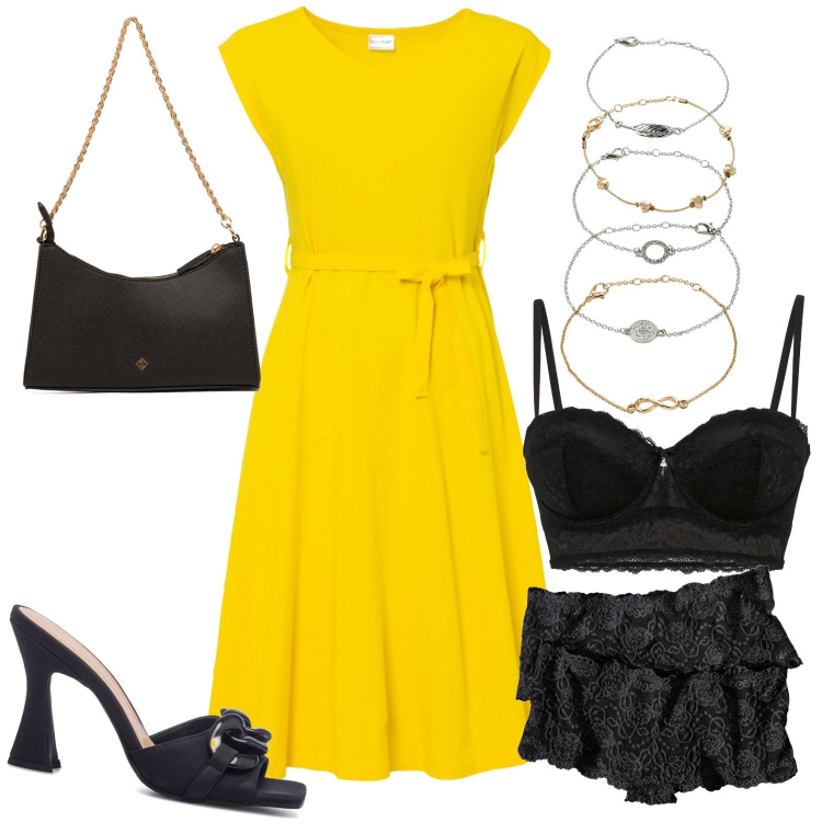 Outfit donna - Ape regina. Stile Chic per Cerimonia. Abbinamento con culotte, reggiseni a balconcino, braccialetti con ciondoli, vestiti, sandali in pelle, borse a tracolla.