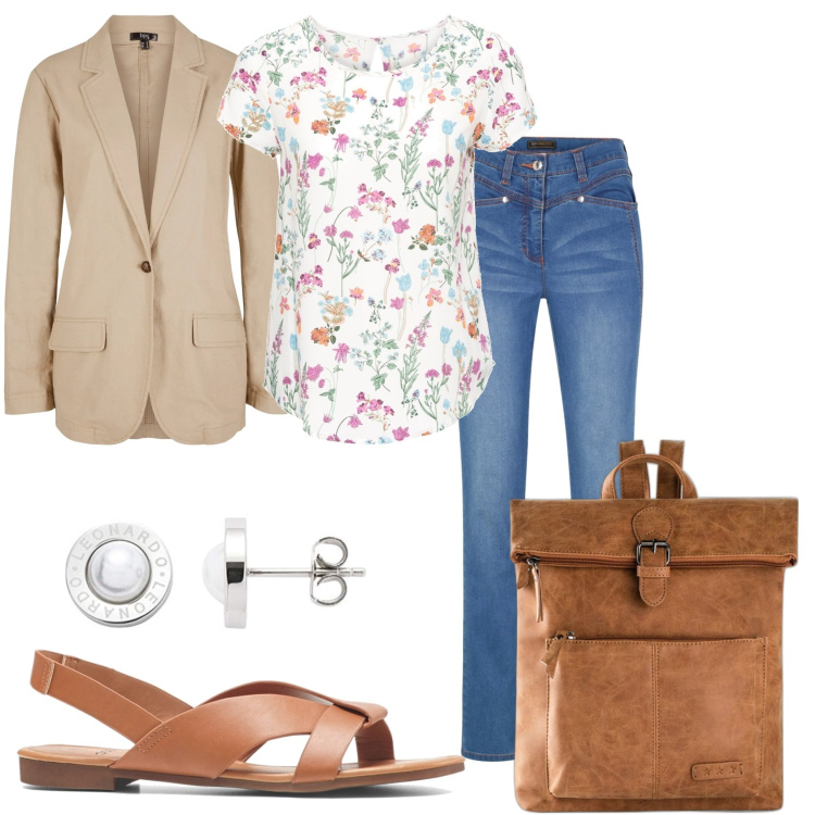 Outfit donna - Cosi come mi pare. Stile Glamour per Tutti i giorni. Abbinamento con bluse, zaini, sandali, jeans, blazer, orecchini.