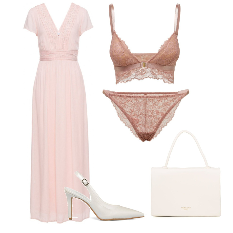 Outfit donna - Abito lungo rosa. Stile Chic per Cerimonia. Abbinamento con vestiti lunghi, borse a mano, décolleté, slip, bralette.