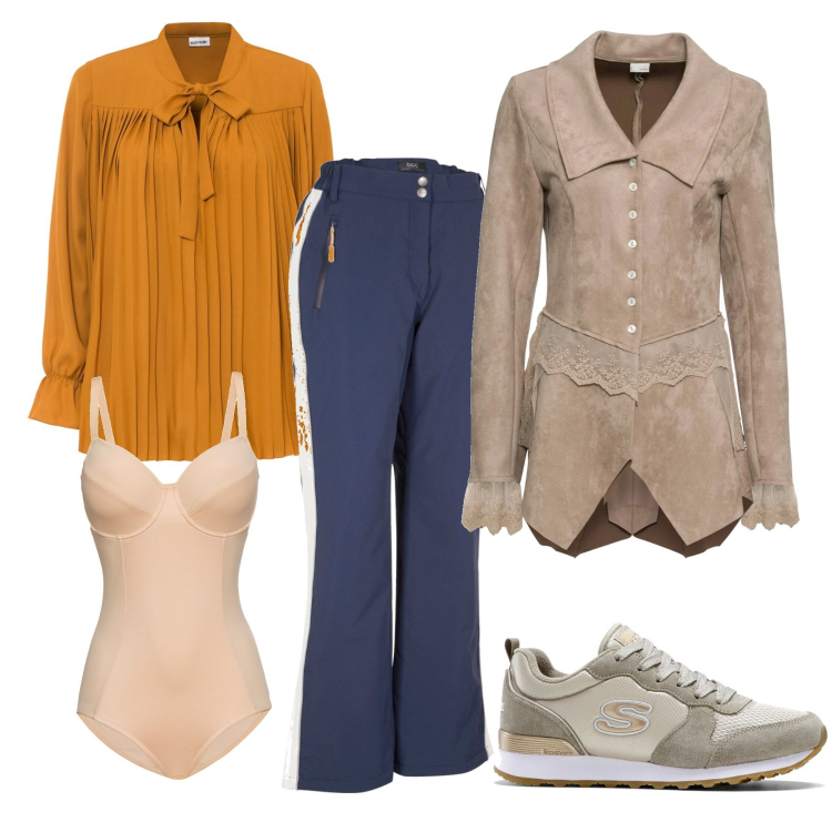 Outfit donna - Una mamma sportiva. Stile Casual chic per Ufficio. Abbinamento con body, sneakers, pantaloni, blazer, bluse.
