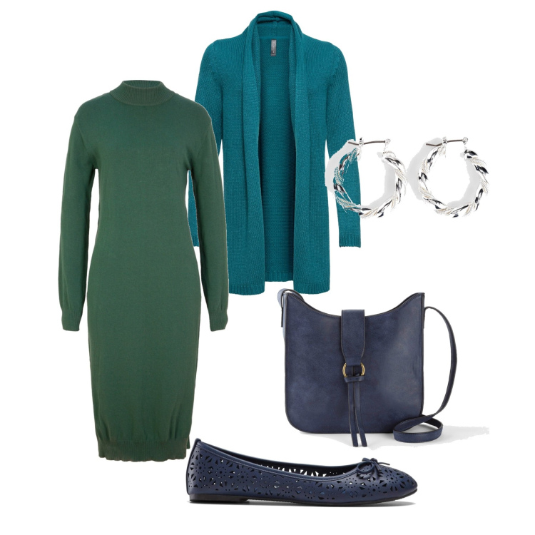 Outfit donna - Cerimonia autunnale. Stile Minimal per Cerimonia. Abbinamento con cardigans, orecchini, vestiti midi/longuette, ballerine, borse a tracolla.