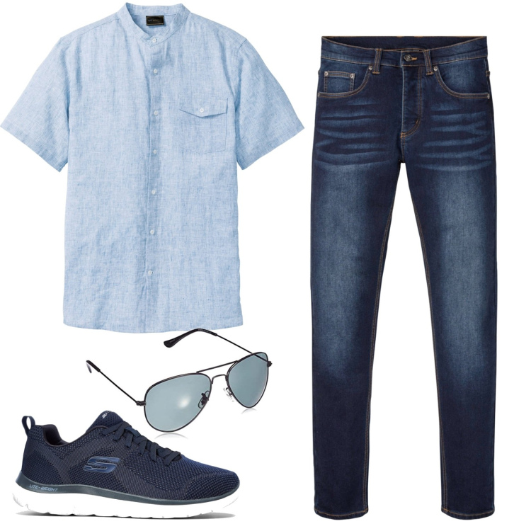 Outfit uomo - Semplicemente blu. Stile Casual per Tutti i giorni. Abbinamento con camicie a manica corta, jeans slim fit, sneakers, occhiali da sole.