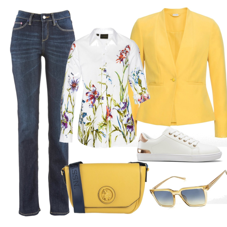 Outfit donna - Yellow spring. Stile Casual chic per Tutti i giorni. Abbinamento con blazer, jeans dritti, camicie, sneakers, borse a tracolla, occhiali da sole.