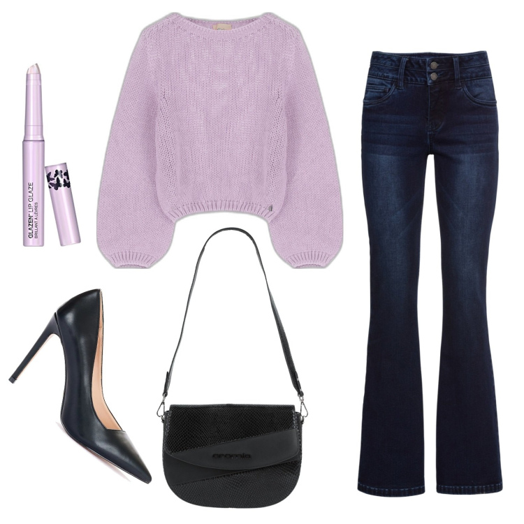 Outfit donna - Pretty in pink. Stile Casual chic per Tutti i giorni. Abbinamento con jeans bootcut, borse a spalla, scarpe col tacco, maglieria, gloss.