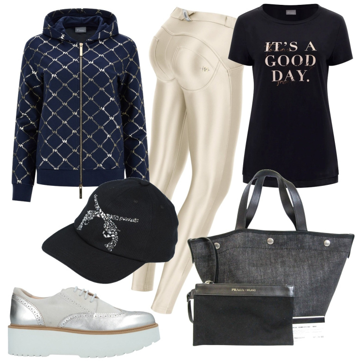 Outfit donna - Sportivo. Stile Sporty chic per Tutti i giorni. Abbinamento con scarpe stringate, cappelli con visiera, borse a mano, felpe con cappuccio, pantaloni skinny, t-shirt.