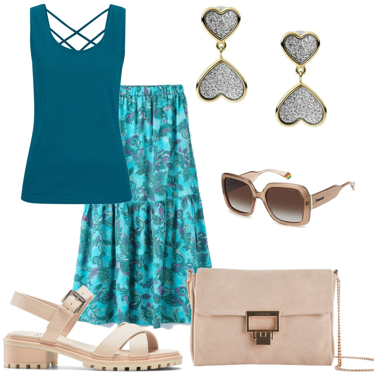 Outfit donna - Gonna lunga fiorata in libertà. Stile Glamour per Tutti i giorni. Abbinamento con top, sandali, pochette, gonne lunghe, orecchini, occhiali da sole.