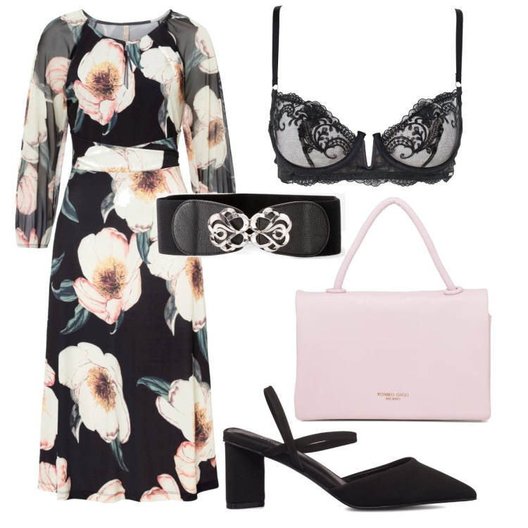 Outfit donna - L’abito coi fiori per la cerimonia. Stile Bon Ton per Cerimonia. Abbinamento con cinture, vestiti midi/longuette, décolleté, borse a mano, reggiseni.
