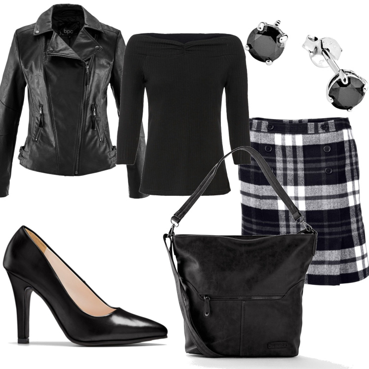 Outfit donna - Serata con amici. Stile Casual chic per Tutti i giorni. Abbinamento con blazer, borse a tracolla, maglieria, minigonne, décolleté, orecchini.