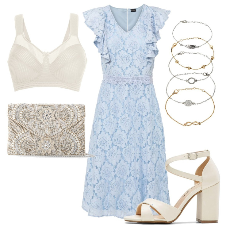 Outfit donna - Il delizioso abito in pizzo. Stile Chic per Cerimonia. Abbinamento con reggiseni, pochette, braccialetti con ciondoli, vestiti, sandali col tacco.