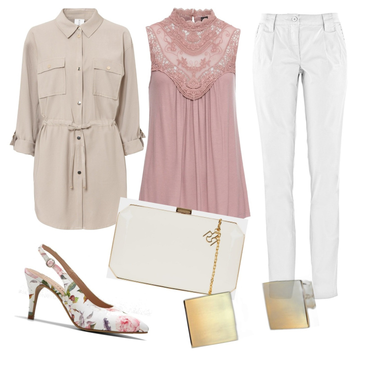 Outfit donna - Moderna romantica. Stile Casual chic per Tutti i giorni. Abbinamento con top, décolleté, giacche, pantaloni chino, clutch, orecchini.