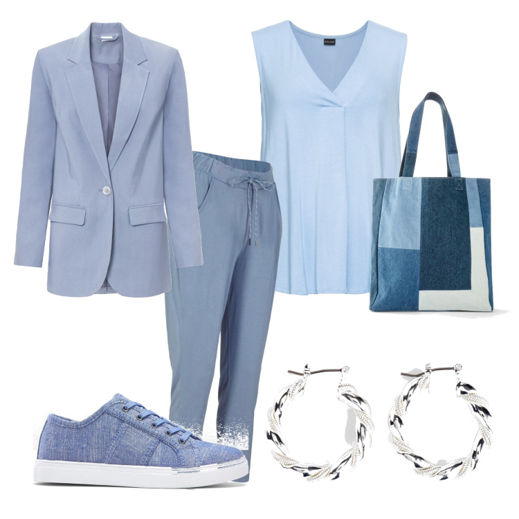 Outfit donna - La domenica azzurra. Stile Casual chic per Tutti i giorni. Abbinamento con top, orecchini, pantaloni capri, sneakers, shopping bag, blazer.