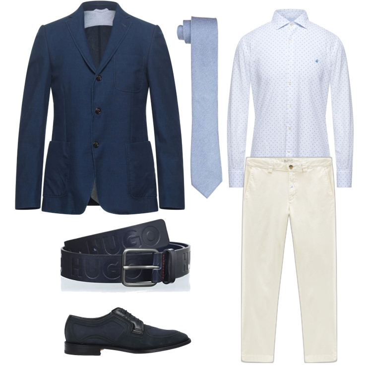 Outfit uomo - Sera d'estate. Stile Casual per Cerimonia. Abbinamento con pantaloni chino, giacche, camicie, scarpe stringate, cravatte, cinture.