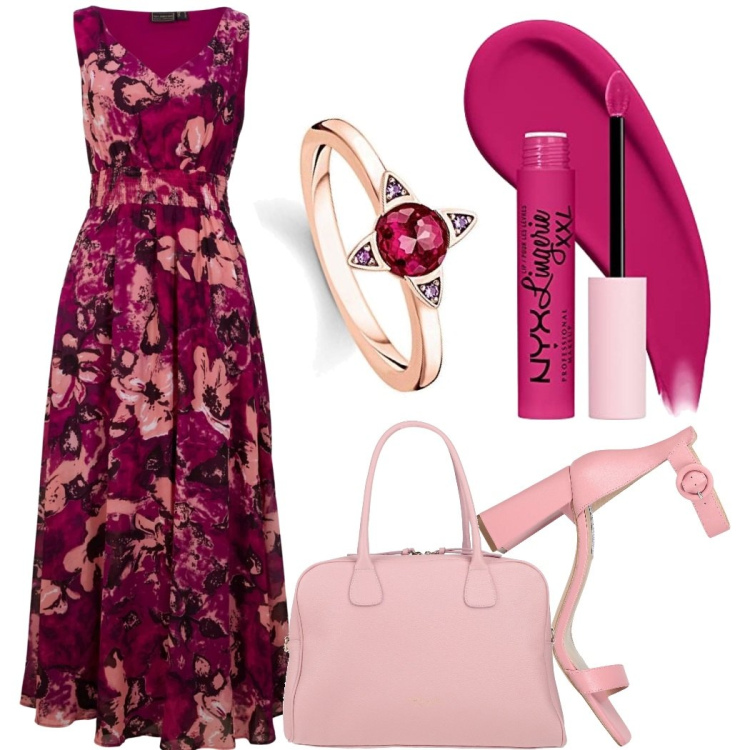 Outfit donna - Viola violetta. Stile Bon Ton per Serata fuori. Abbinamento con vestiti lunghi, sandali col tacco, borse a mano, anelli, rossetti.