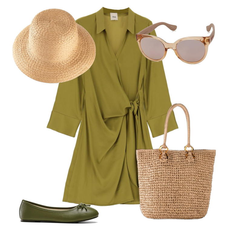 Outfit donna - Relax in campagna. Stile Basic per Tutti i giorni. Abbinamento con felpe, shopping bag, ballerine, vestiti chemisier, occhiali da sole.