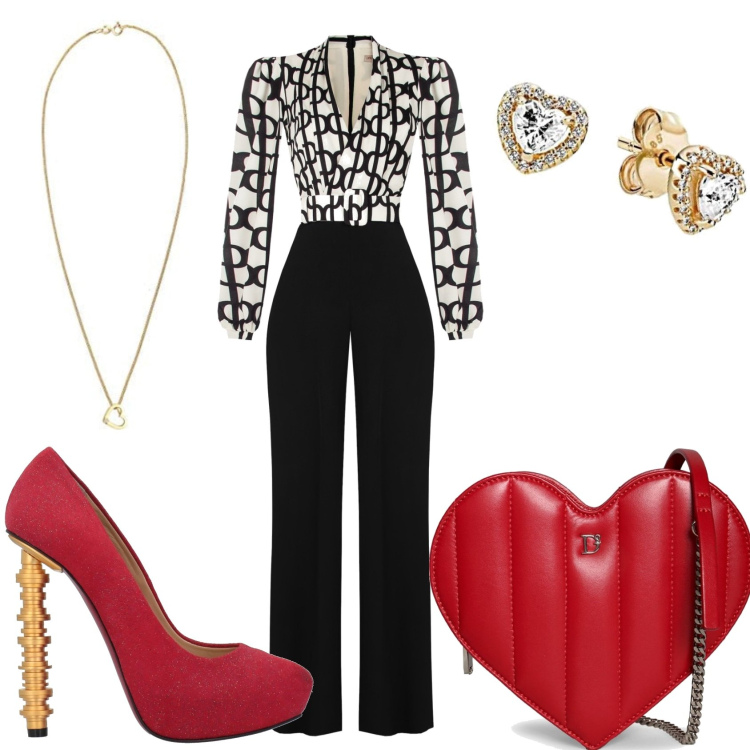 Outfit donna - In tuta elegante con colore. Stile Chic per Serata fuori. Abbinamento con décolleté, tute, borse a spalla, orecchini, collane.