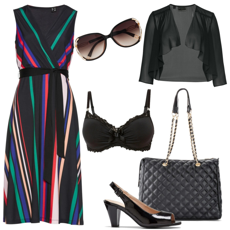 Outfit donna - Le décolleté spuntate di vernice nera. Stile Chic per Cerimonia. Abbinamento con vestiti, bolero, shopping bag, occhiali da sole, décolleté, reggiseni.