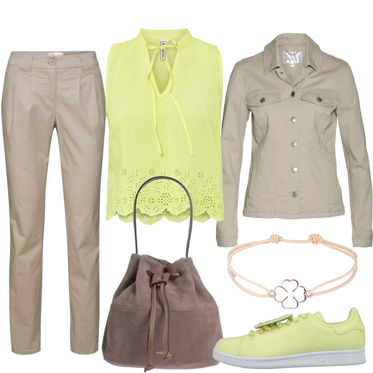 Outfit donna - Un tocco lime. Stile Casual per Tutti i giorni. Abbinamento con pantaloni chino, blazer, top, sneakers, borse a mano, braccialetti.