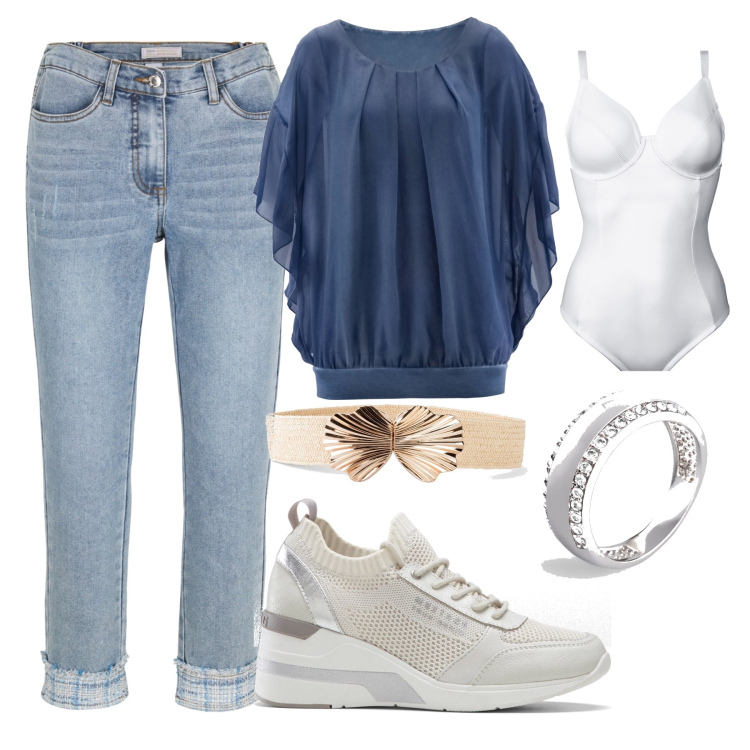 Outfit donna - Una gita per la festa. Stile Casual per Tutti i giorni. Abbinamento con bluse, sneakers, body, cinture, jeans, anelli.