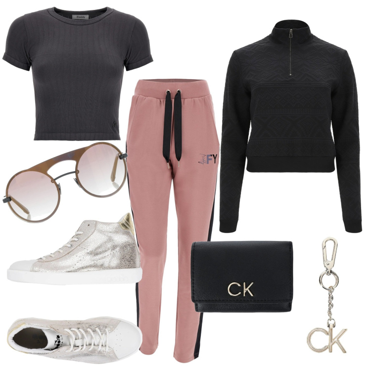 Outfit donna - Festa sportiva. Stile Sporty chic per Tutti i giorni. Abbinamento con sneakers, portafogli, occhiali da sole, pantaloni, t-shirt, maglieria.