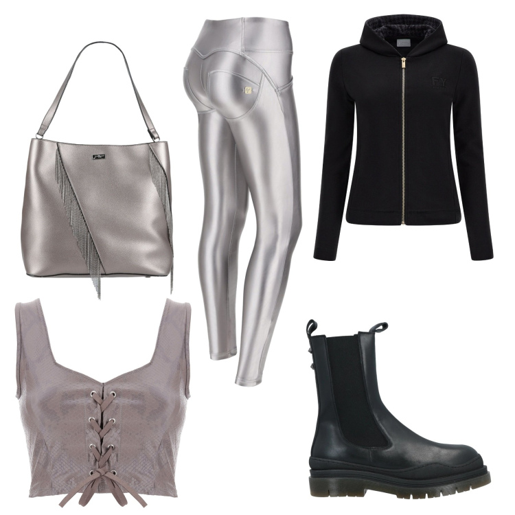 Outfit donna - Mamma rock a un concerto. Stile Rock per Serata fuori. Abbinamento con borse a mano, stivaletti, pantaloni skinny, felpe con cappuccio, bretelle.
