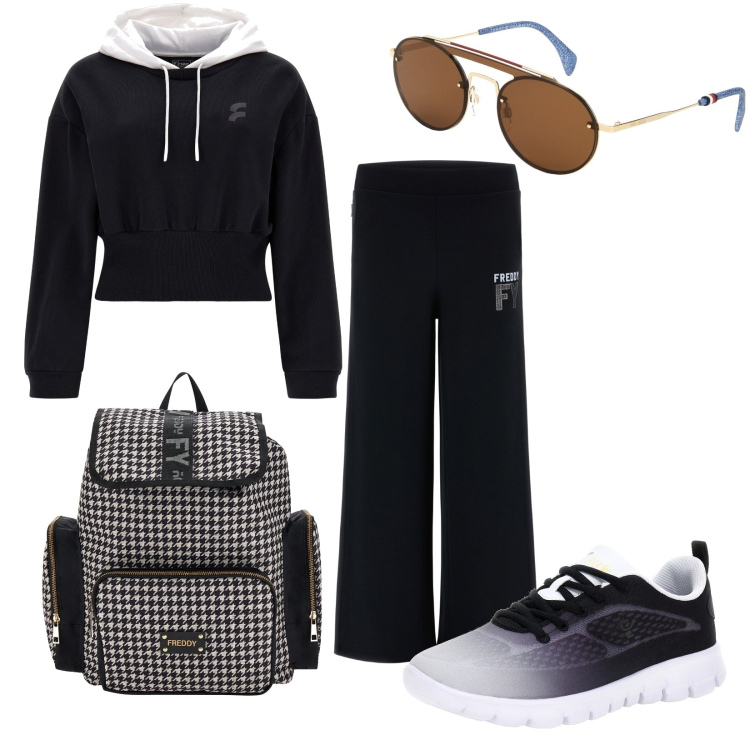 Outfit donna - Total look sport Freddy. Stile Sporty chic per Tutti i giorni. Abbinamento con occhiali da sole, pantaloni, felpe con cappuccio, zaini, sneakers alte.