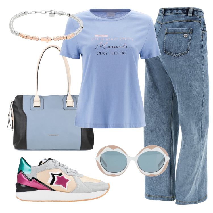 Outfit donna - Festa della mamma. Stile Sporty chic per Tutti i giorni. Abbinamento con sneakers, borse a mano, occhiali da sole, braccialetti, jeans, t-shirt.