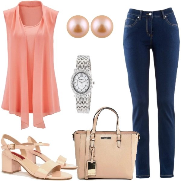 Outfit donna - Basic #15049. Stile Basic per Ufficio. Abbinamento con jeans dritti, top chiffon rosa, sandali con tacco largo collo aperto, zeppe con plateau maxi con stampa e spalline con zip e logo, orologio bianco, orecchini in argento 925 rosa.
