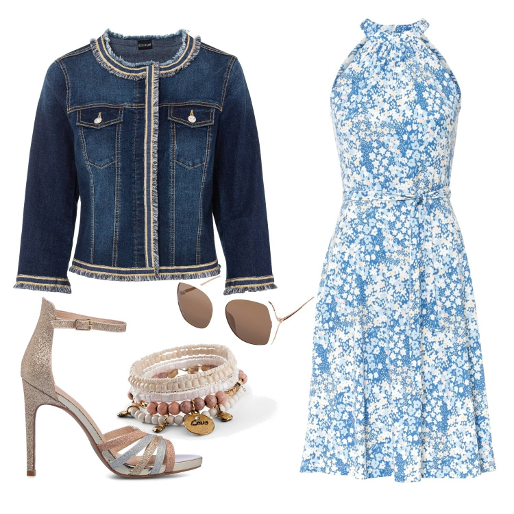 Outfit donna - Voglia d\'estate. Stile Romantica per Cerimonia. Abbinamento con blazer, braccialetti, vestiti, occhiali da sole, sandali gioiello.